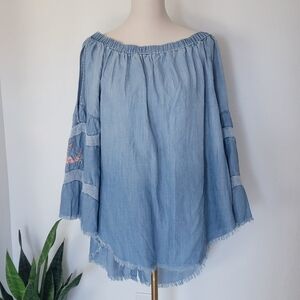 Denim Lace Floral Embroidery Off Shoulder Bell Sleeve Distressed Top Size XL
